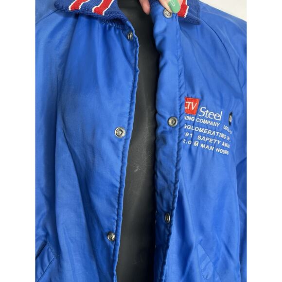 Vtg Blue Holloway Satin Snap Up Bomber Jacket Made In USA Steel Mining Size Med - Picture 5 of 16